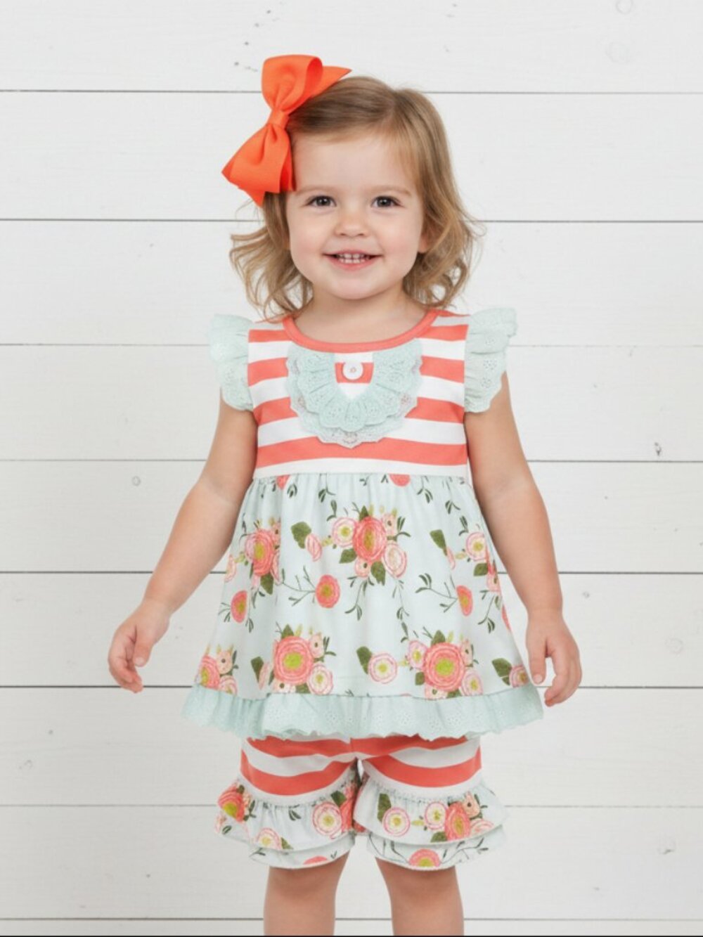 Boutique Mint & Orange Floral Ruffle Short Set, girl, kids, clothing